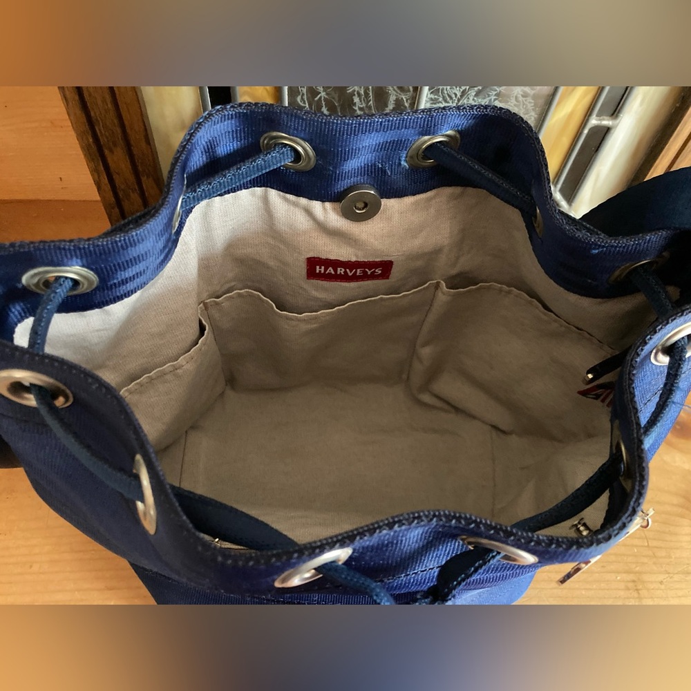 VEXUC Harveys Seatbelt Indigo Bucket Bag and Harveys heart flag pin. - Picture 3 of 3